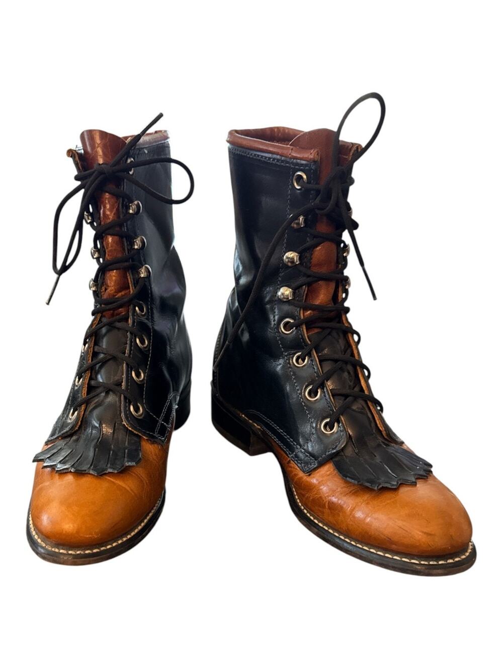 Laredo Brown /Black Leather Lace Up Kiltie Packer Boots SZ 6